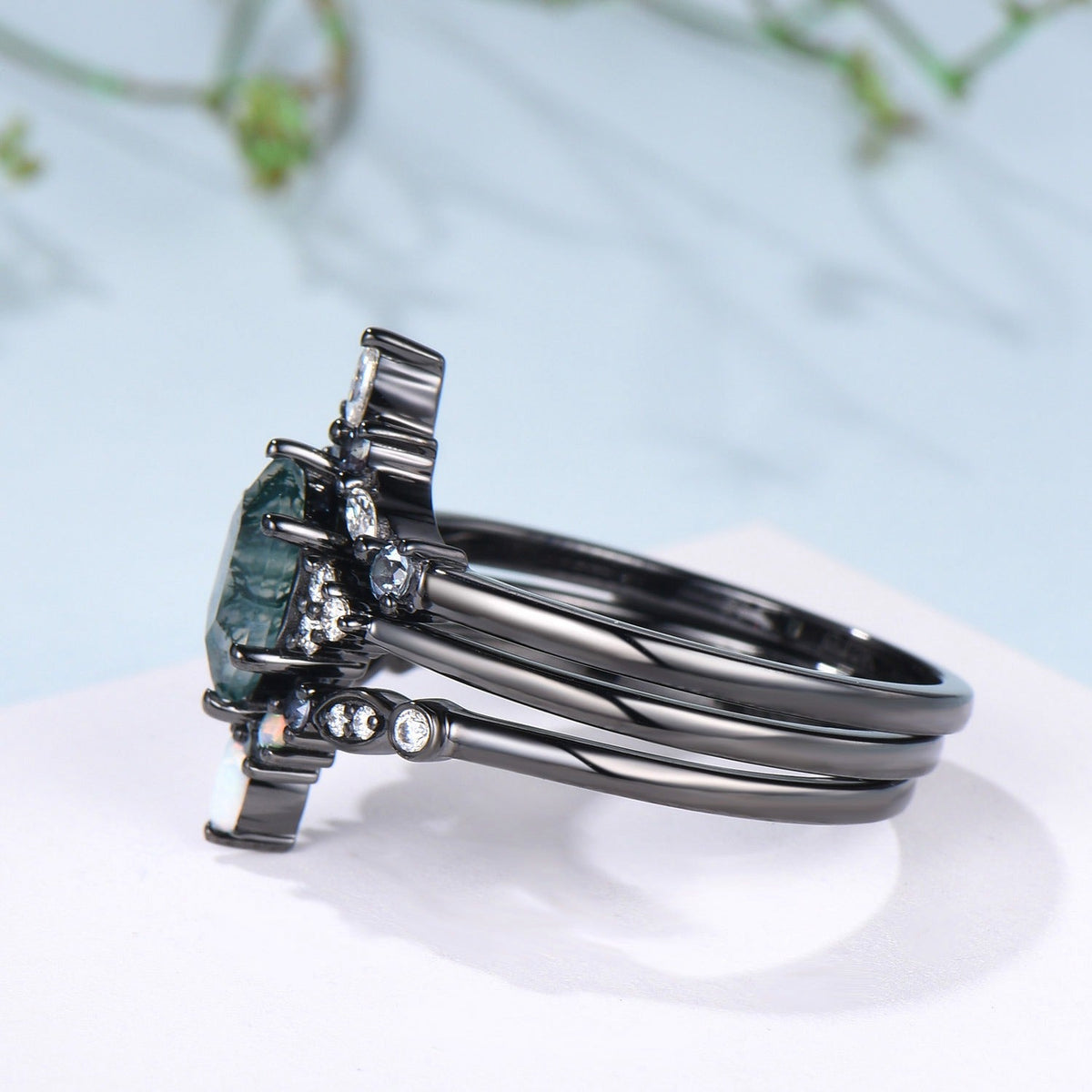 3pcs Black Gold Moss Agate Wedding Ring Set, Long Hexagon Natural Green Agate Gothic Engagement Ring, Unique Alexandrite Opal Stacking Band
