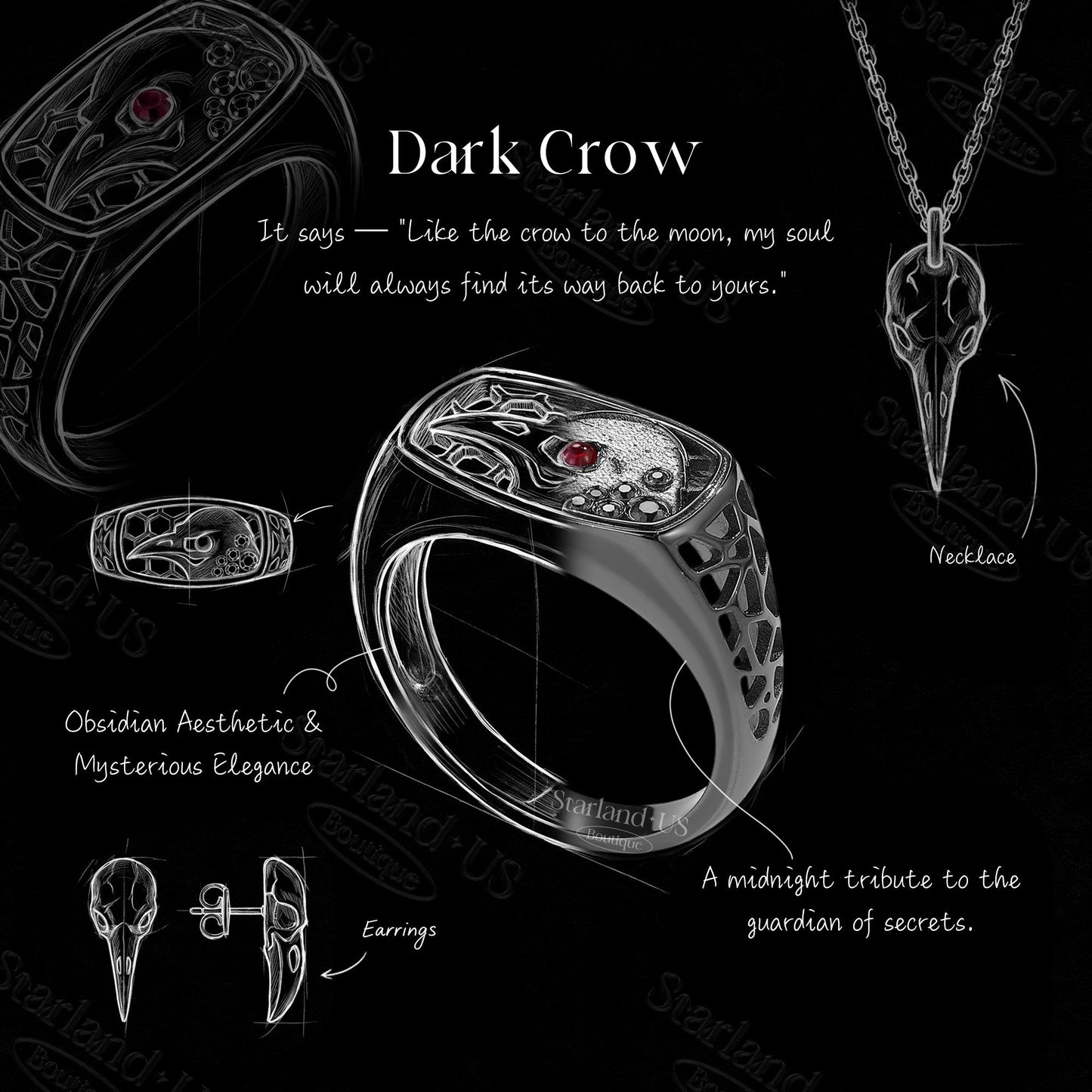 Gothic Dark Crow Inspired Gemstone Stud Earrings Halloween Jewelry Gift
