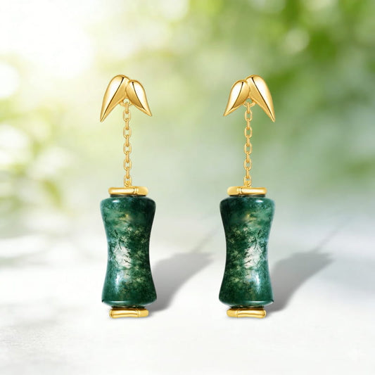 Zen Bamboo Moss Agate Dangle Earrings Elegant Forest Jewelry