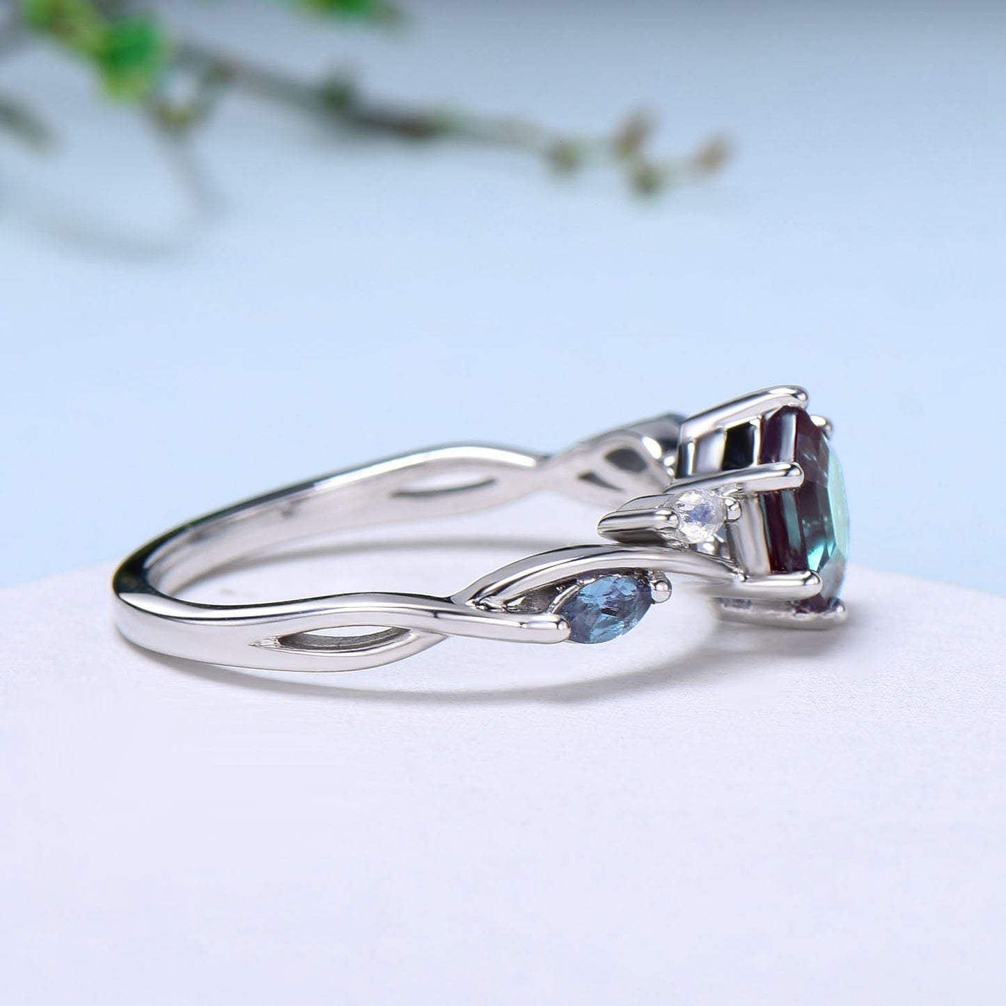 Vintage Hexagon cut Alexandrite engagement ring five stone marquise moonstone wedding ring June birthstone split shank anniversary ring gift