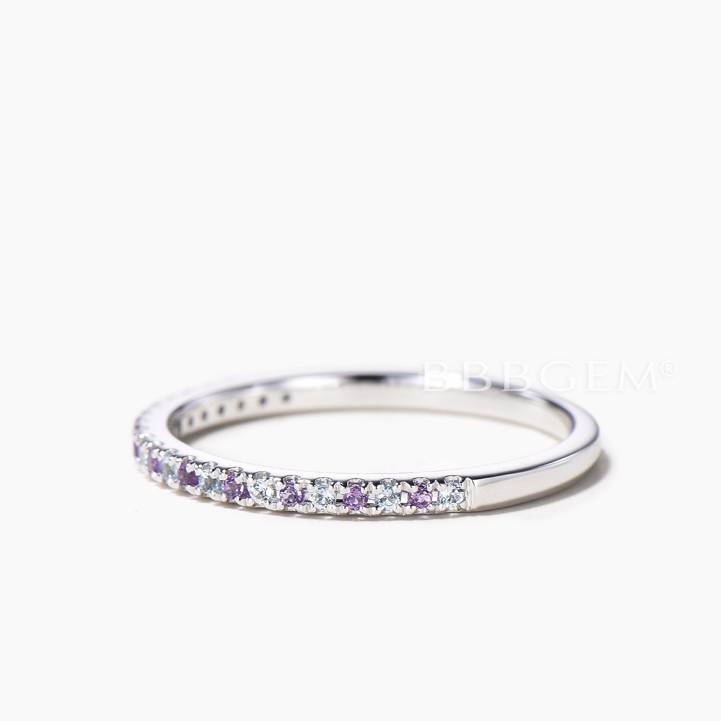 Color-change Alexandrite And Natural Amethyst Half Eternity Stacking Wedding Band
