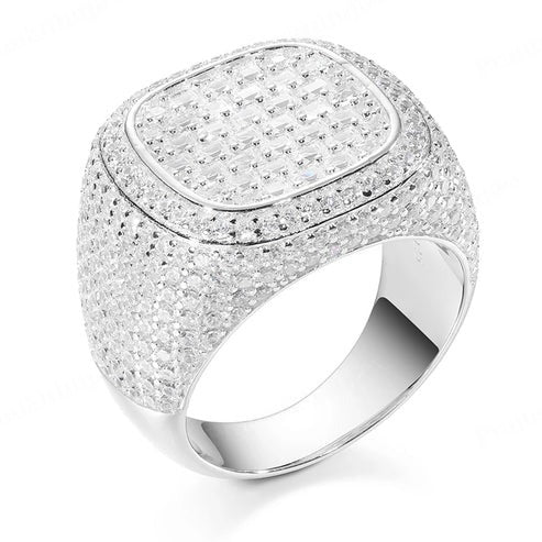 24k Gold Plated 925 Silver Moissanite Full Iced Out Square Signet Ring Jewelry