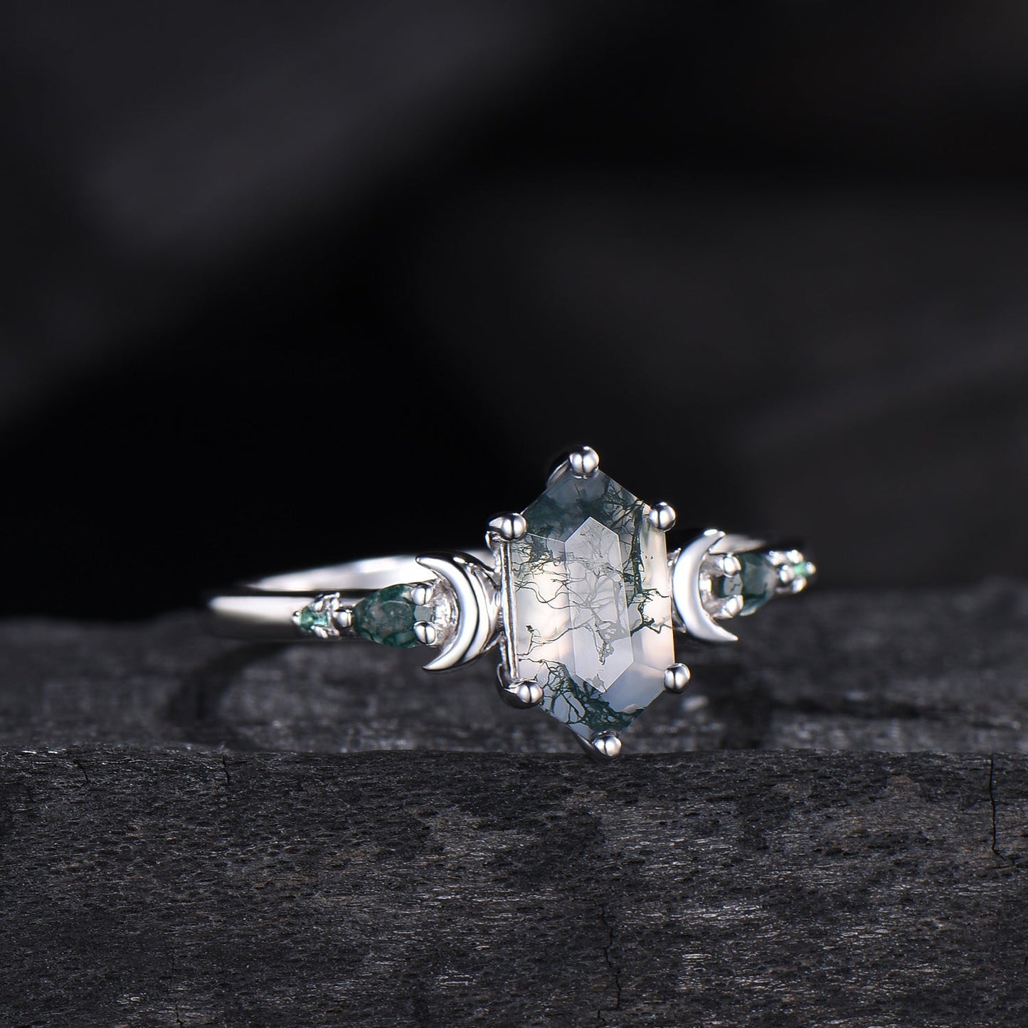 Elongated Hexagon Moss Agate Engagement Ring | Crescent Moon Vintage Gothic Ring