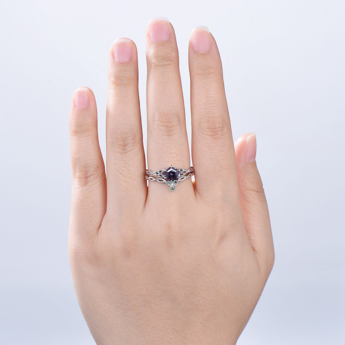 Norse Viking Hexagon Alexandrite Ring Set Celtic Love Knot Alexandrite Amethyst Engagement Ring Unique Twisted Wedding Ring Set For Women