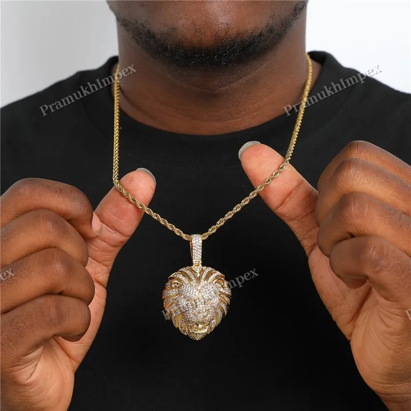 Hip Hop Yellow Gold Plated 925 Silver VVS Moissanite Lion Face Pendant
