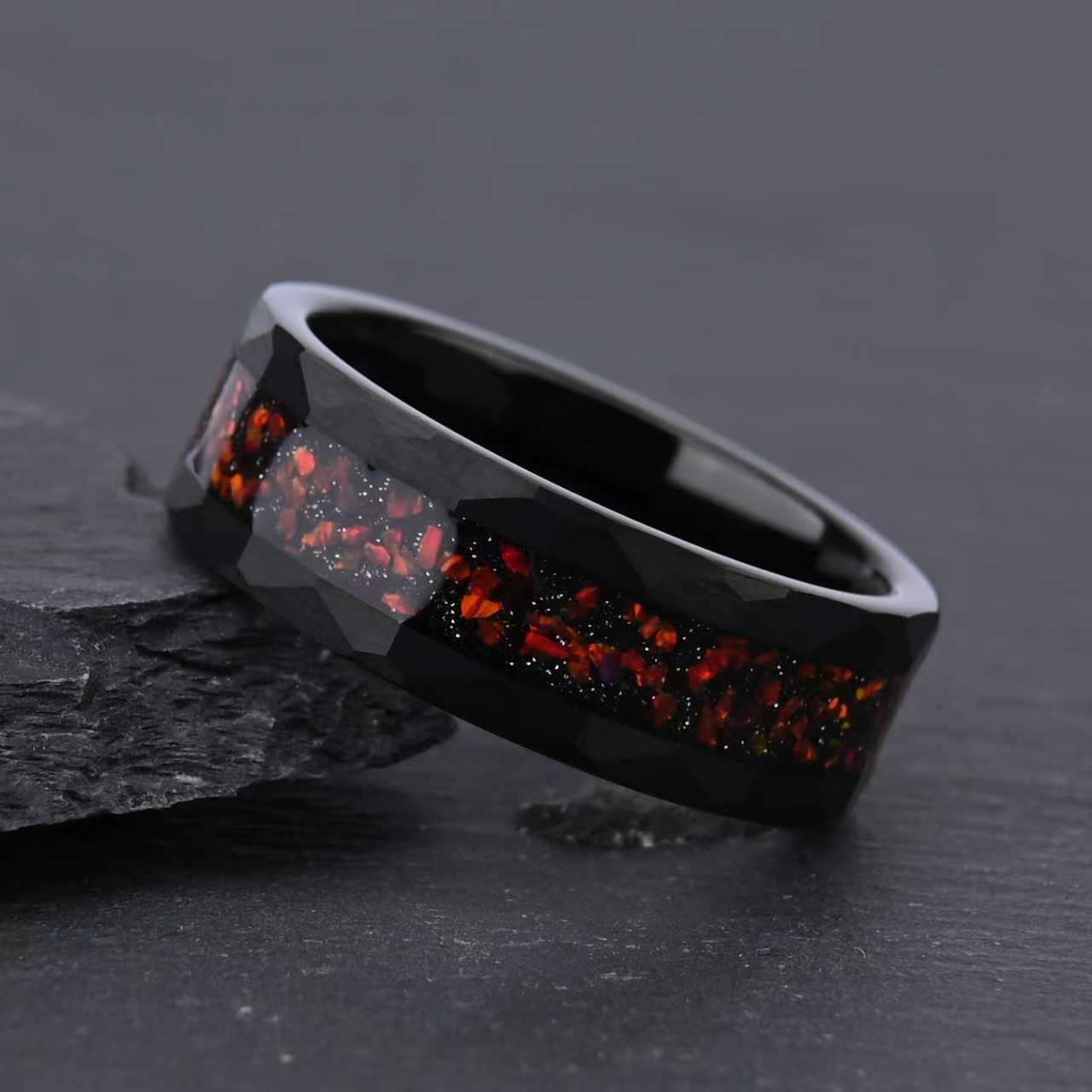 8mm Black Tungsten Ring for Men, Hand Hammered Finish with Red Opal Inlay