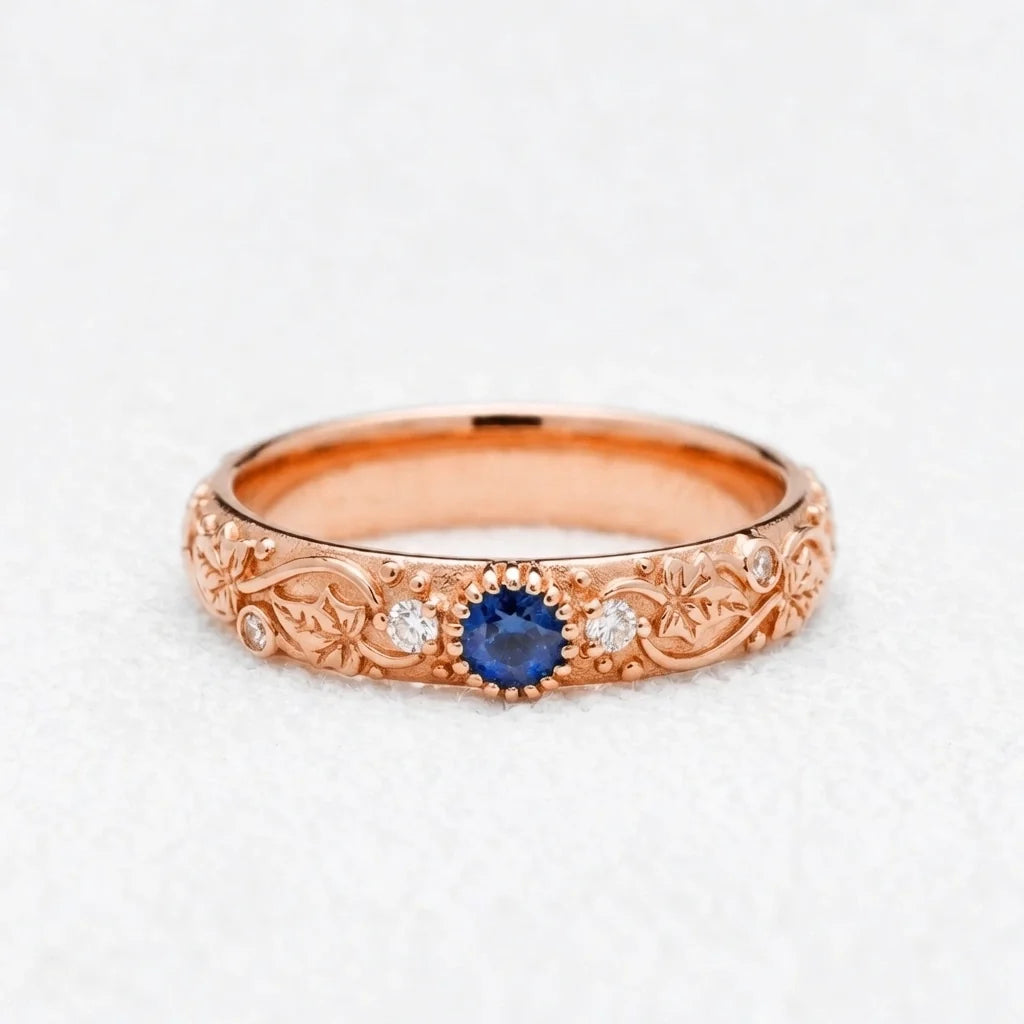 Ivy’s Cove | Blue Sapphire & Diamond Ivy Leaf Wedding Band