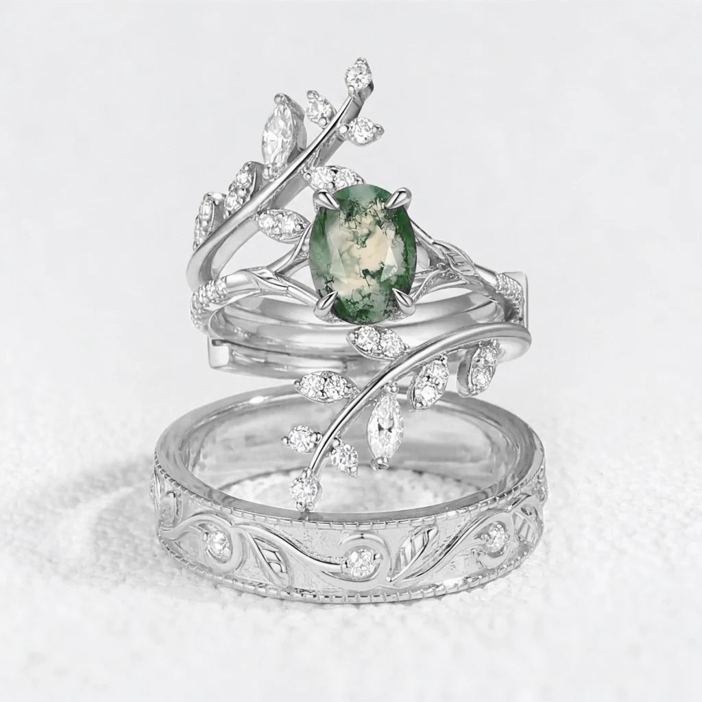 Flora’s Enclosure | Oval Moss Agate Cluster Couple Ring Set 3pcs