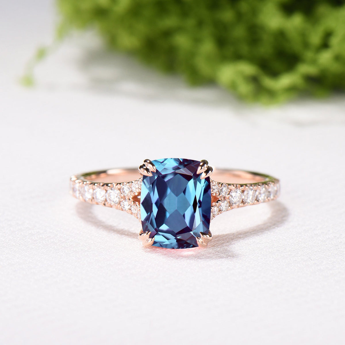 Cushion Cut Alexandrite Ring, Split Shank Pave Diamond, 14K Rose Gold Double Claw Promise Ring