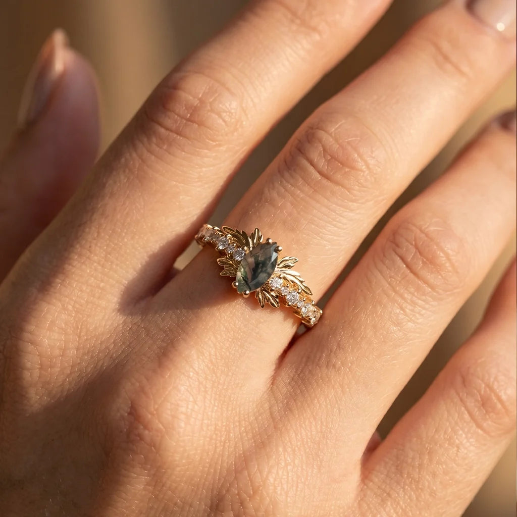 Aurora’s Moss Wing | Marquise Moss Agate Vintage Bridal Set 2pcs