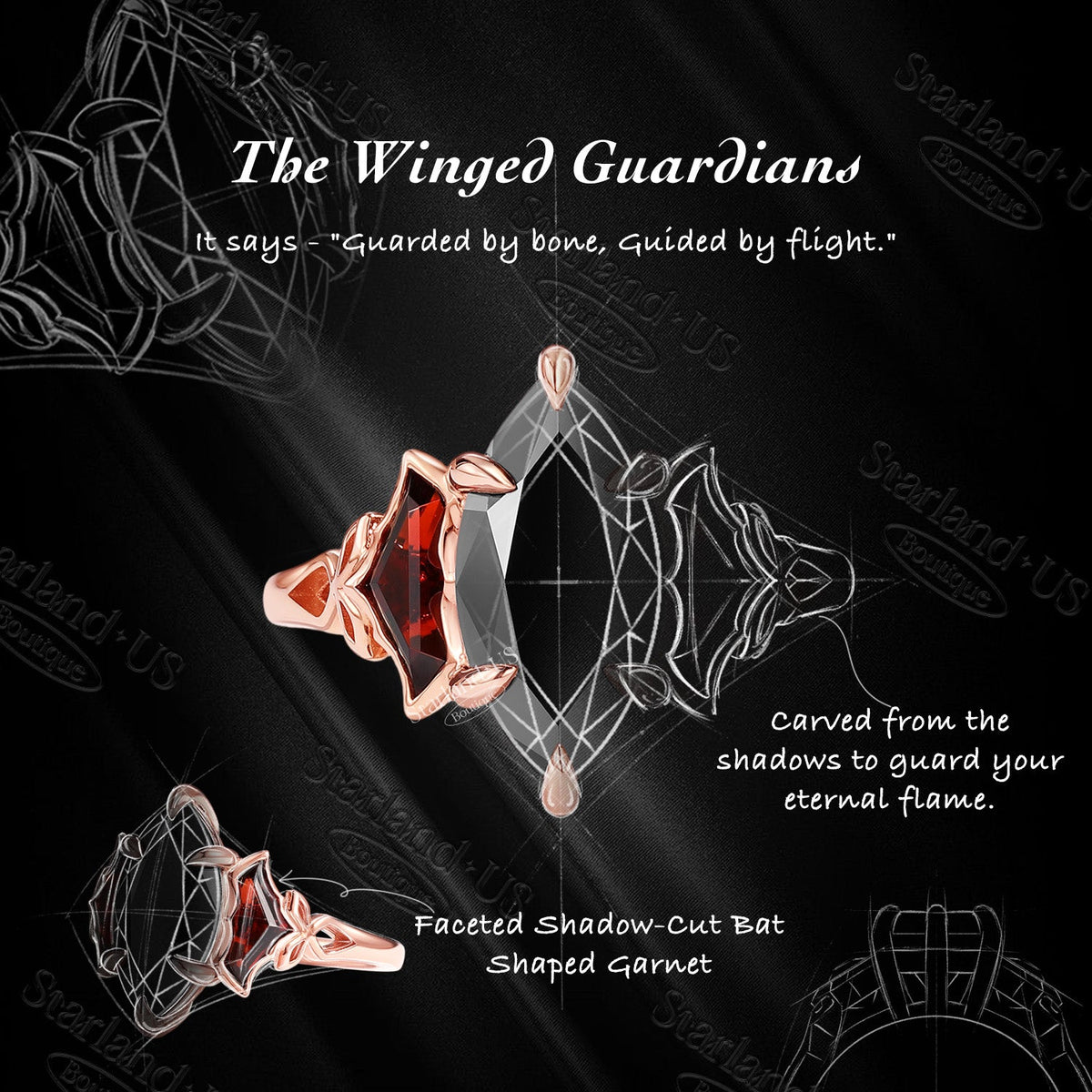 'The Winged Guardian' - Gothic Marquise Cut Black Moissanite Engagement Ring with Bat Wing Shaped Accent Stones