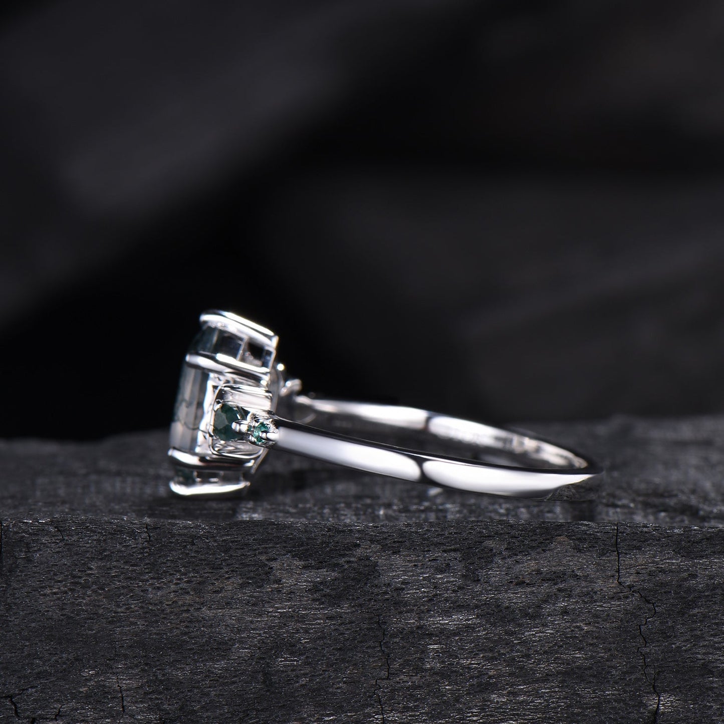 Elongated Hexagon Moss Agate Engagement Ring | Crescent Moon Vintage Gothic Ring