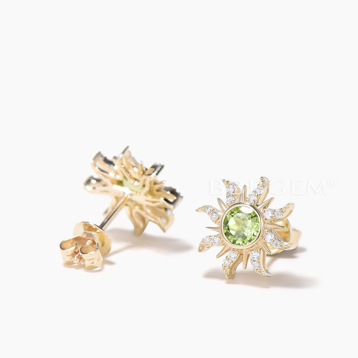 Round Cut Natural Peridot Sun Stud Earrings Diamond Wedding Earrings