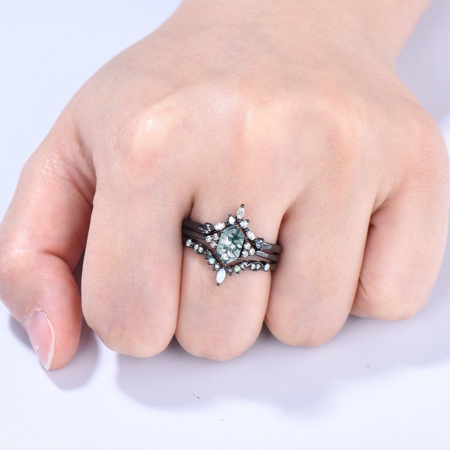 3pcs Black Gold Moss Agate Wedding Ring Set, Long Hexagon Natural Green Agate Gothic Engagement Ring, Unique Alexandrite Opal Stacking Band