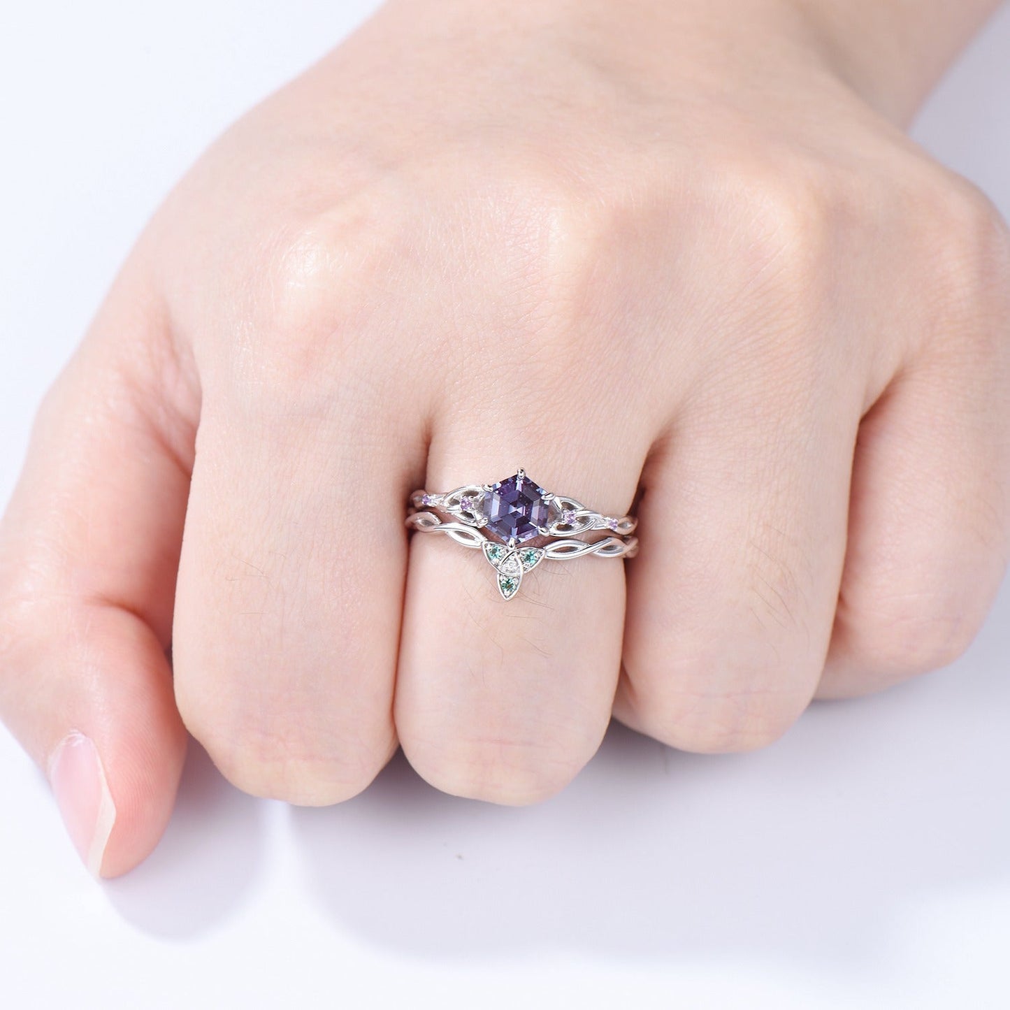 Norse Viking Hexagon Alexandrite Ring Set Celtic Love Knot Alexandrite Amethyst Engagement Ring Unique Twisted Wedding Ring Set For Women