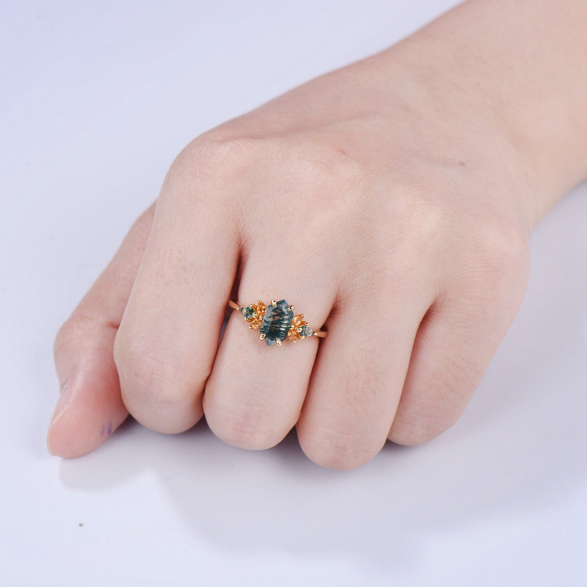 Elongated Hexagon Moss Agate Ring with Citrine Accents - Woodland Sunburst Ring
