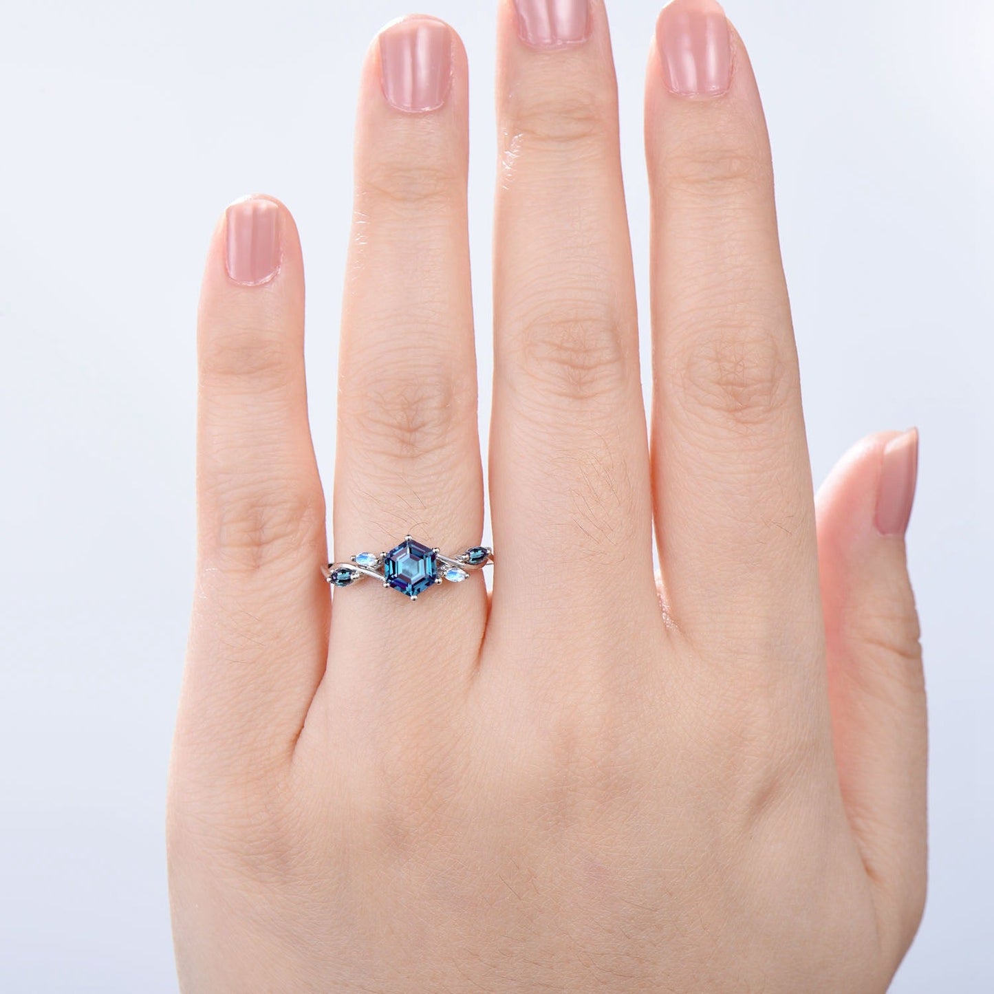 Vintage Hexagon cut Alexandrite engagement ring five stone marquise moonstone wedding ring June birthstone split shank anniversary ring gift