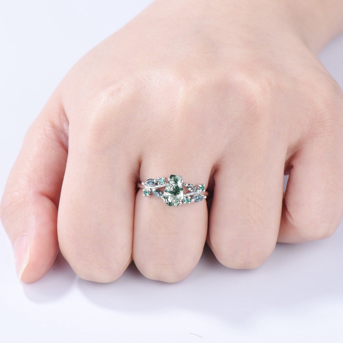 Unique Coffin Cut Moss Agate Ring Split Shank Engagement Ring Cluster Emerald Agate Wedding Ring MARRIED TILL BURIED Green Promise Ring Gift