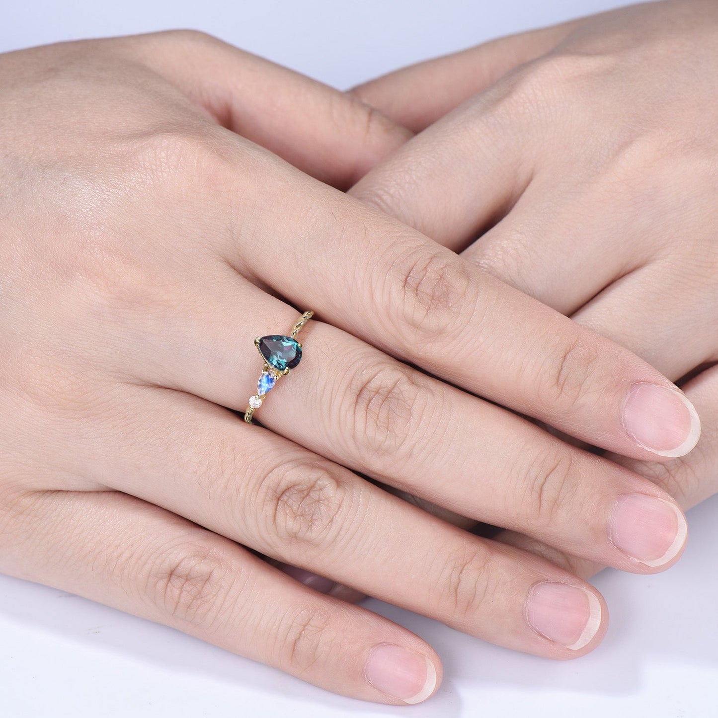 Vintage Alexandrite Moonstone Engagement Ring, 14k Rose Gold Twisted Band, Three Stone Promise Ring