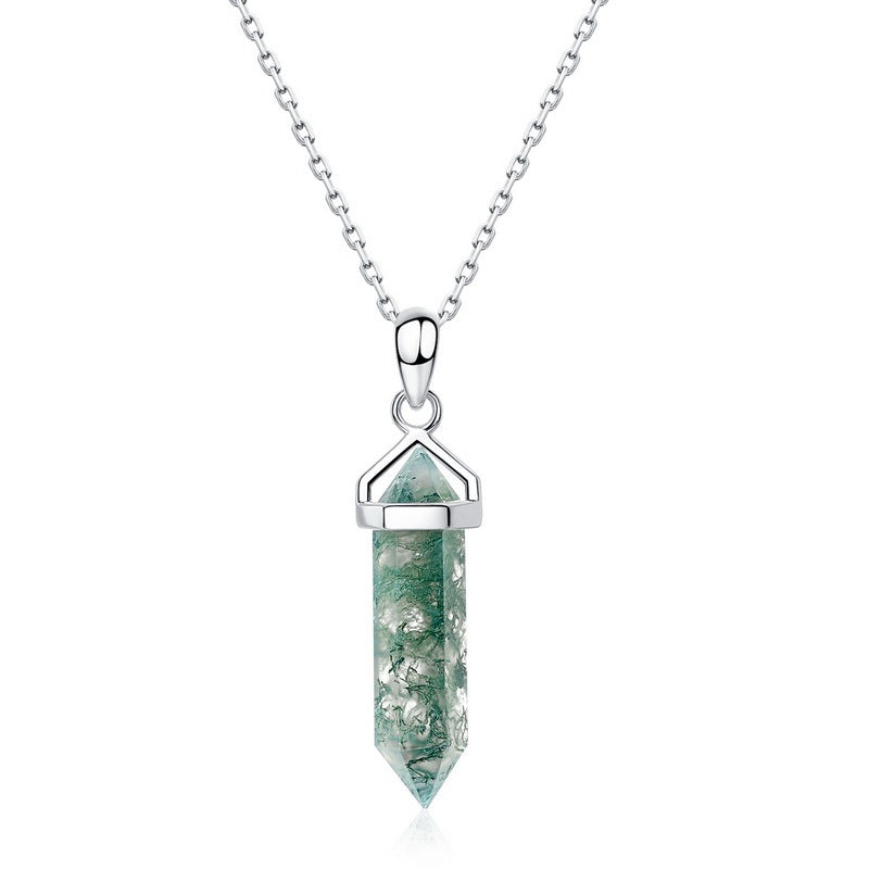 Long Hexagon Cut Guardian Tower Moss Agate Necklace Pendant