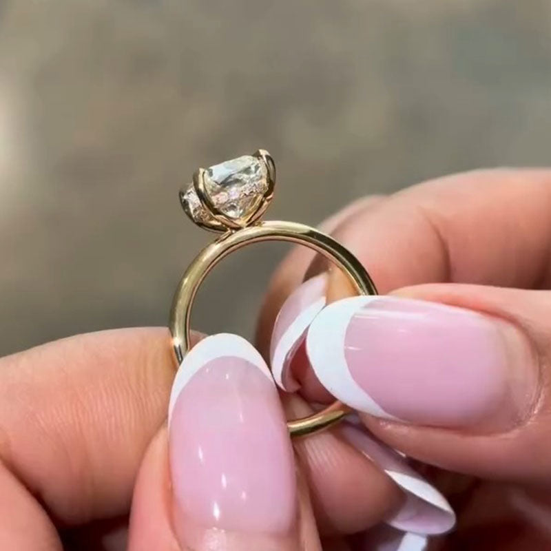 Cushion Cut Sterling Silver Engagement Ring With Hidden Halo