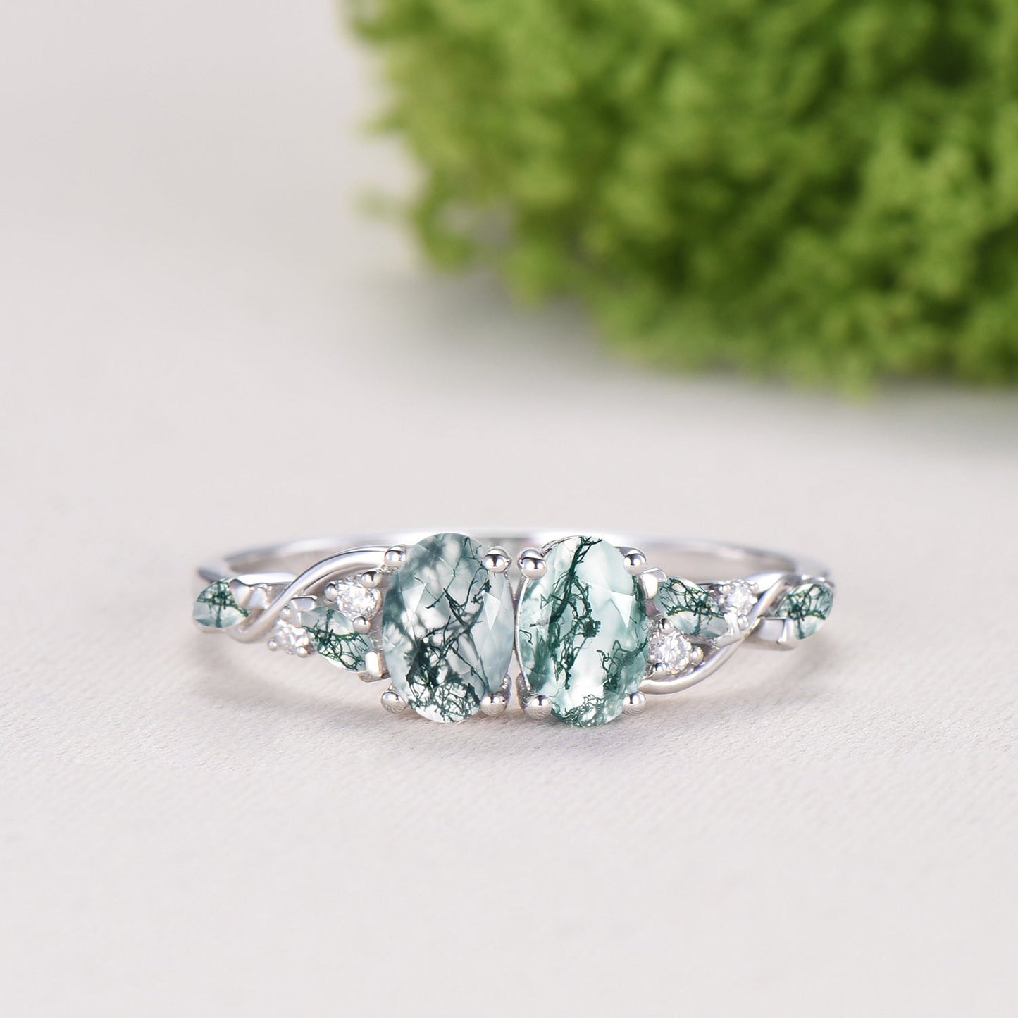 Natural Oval Cut Toi et Moi Moss Agate Engagement Ring | 14K White Gold Marquise Cut Vine Eternity Band