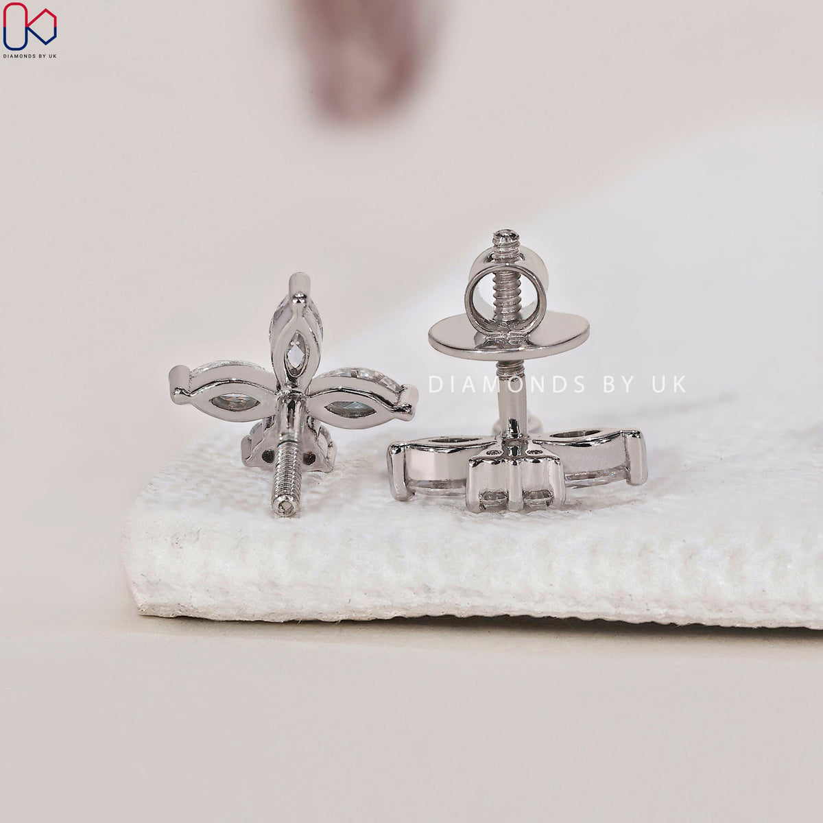 Floral Stud Earrings - Marquise and Round Diamond