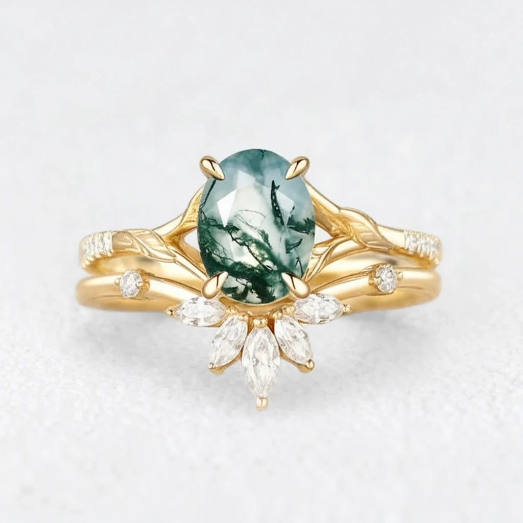 Zinnia’s Meadow | Oval Cut Moss Agate Leafy Gold Couple Ring Set 3pcs