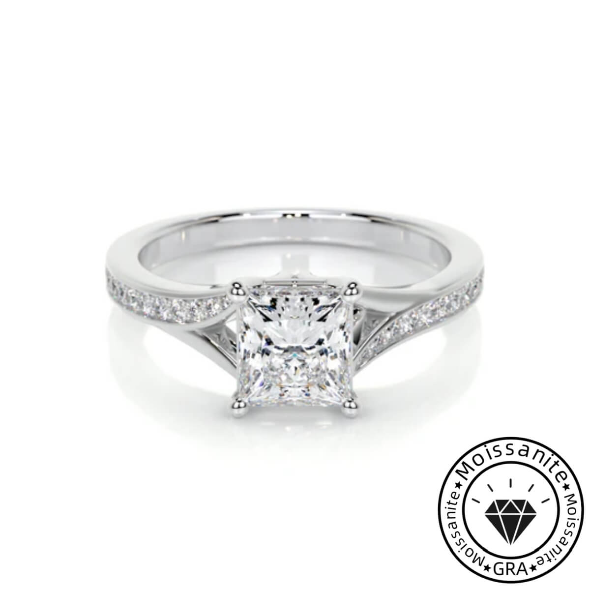 Alluring Solarii Moissanite 2.0ct Princess Cut 925 Sterling Silver Split Shank Engagement Ring