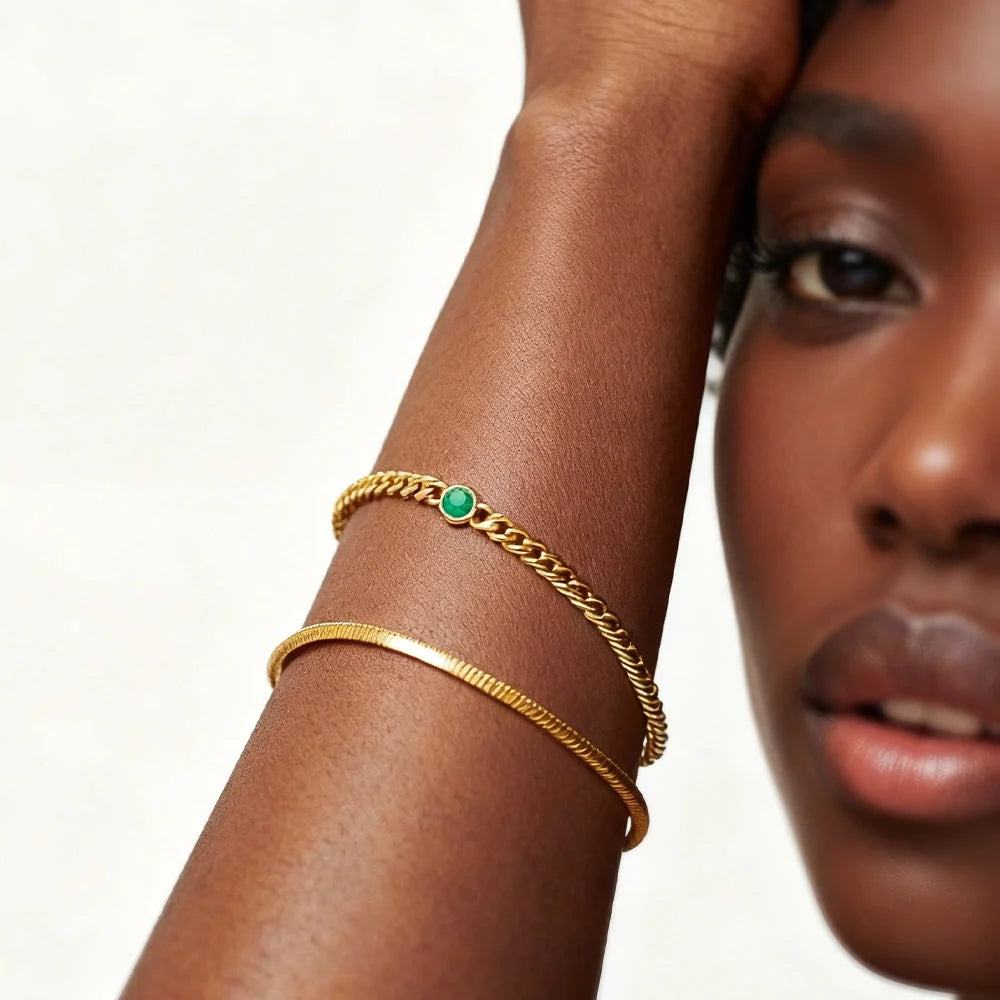 May Birthstone Chain Bracelet | 18K Gold Plated Vermeil/Green Onyx