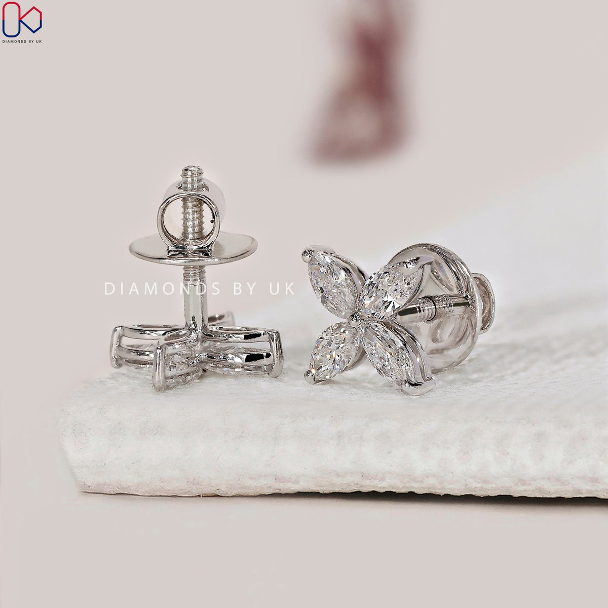 Marquise Diamond Flower Stud Gold Earrings