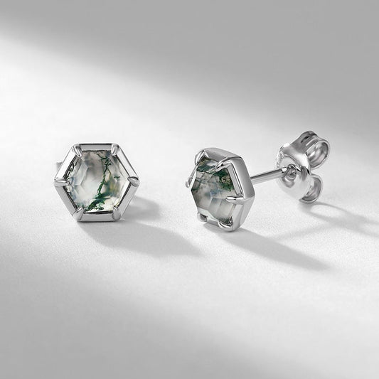 Hexagon Moss Agate Minimalist Studs Earrings Bezel Set