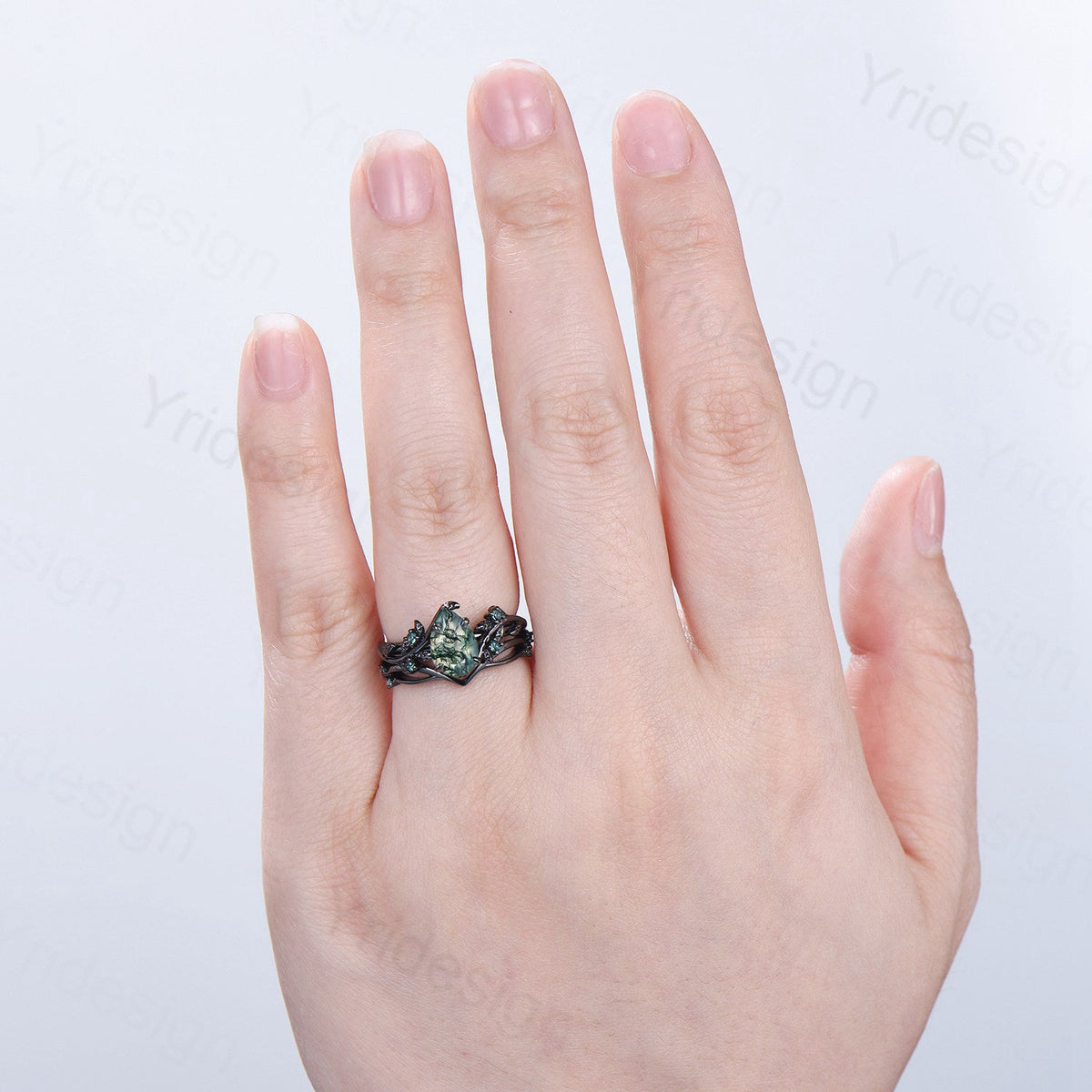 Black gold pear shaped moss agate wedding ring set, Nature inspired green agate twig vine engagement ring set, Leafy bridal ring set for her