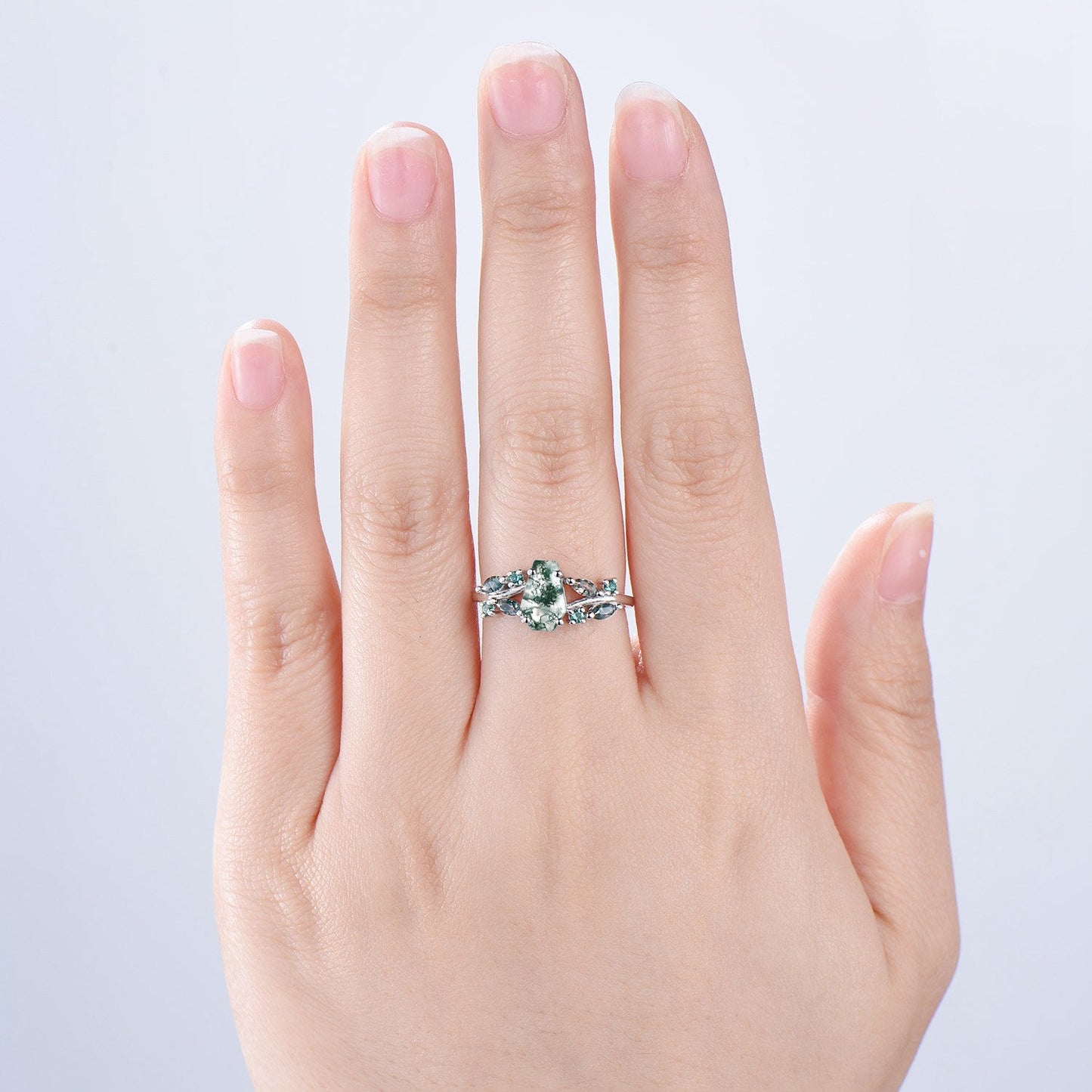 Unique Coffin Cut Moss Agate Ring Split Shank Engagement Ring Cluster Emerald Agate Wedding Ring MARRIED TILL BURIED Green Promise Ring Gift