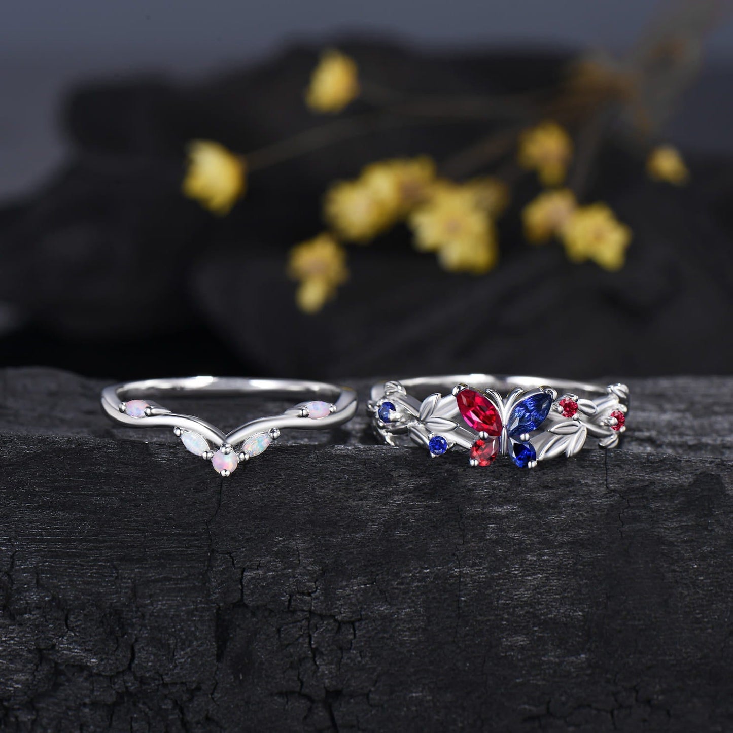 Multi-Color Leaf Twisted Bridal Set Ruby Blue Sapphire Butterfly Engagement Ring Opal Matching Band