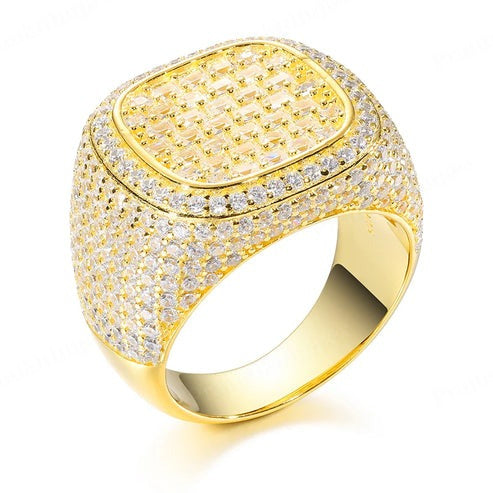24k Gold Plated 925 Silver Moissanite Full Iced Out Square Signet Ring Jewelry