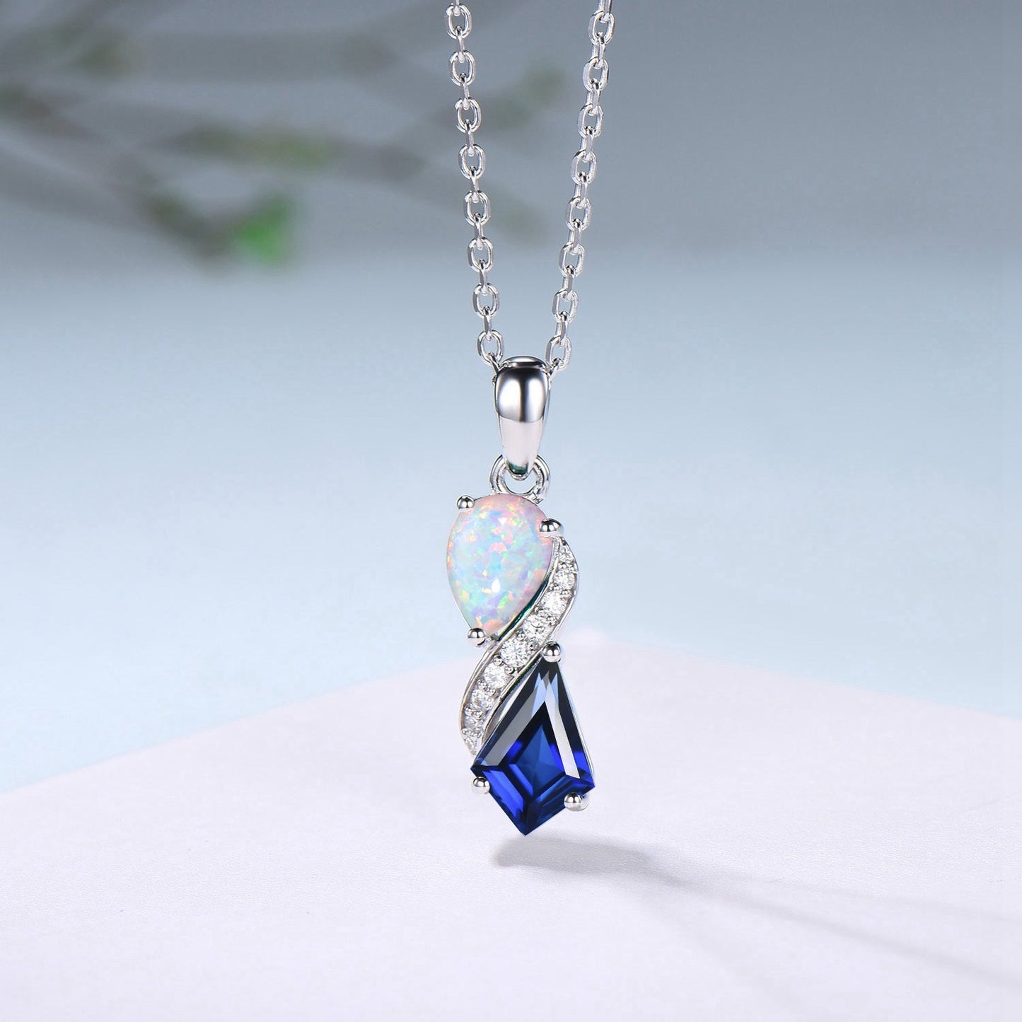 Unique Opal Sapphire Necklace Pendant Women Alternative Moissanite Pear Shaped Opal & Kite Blue Sapphire