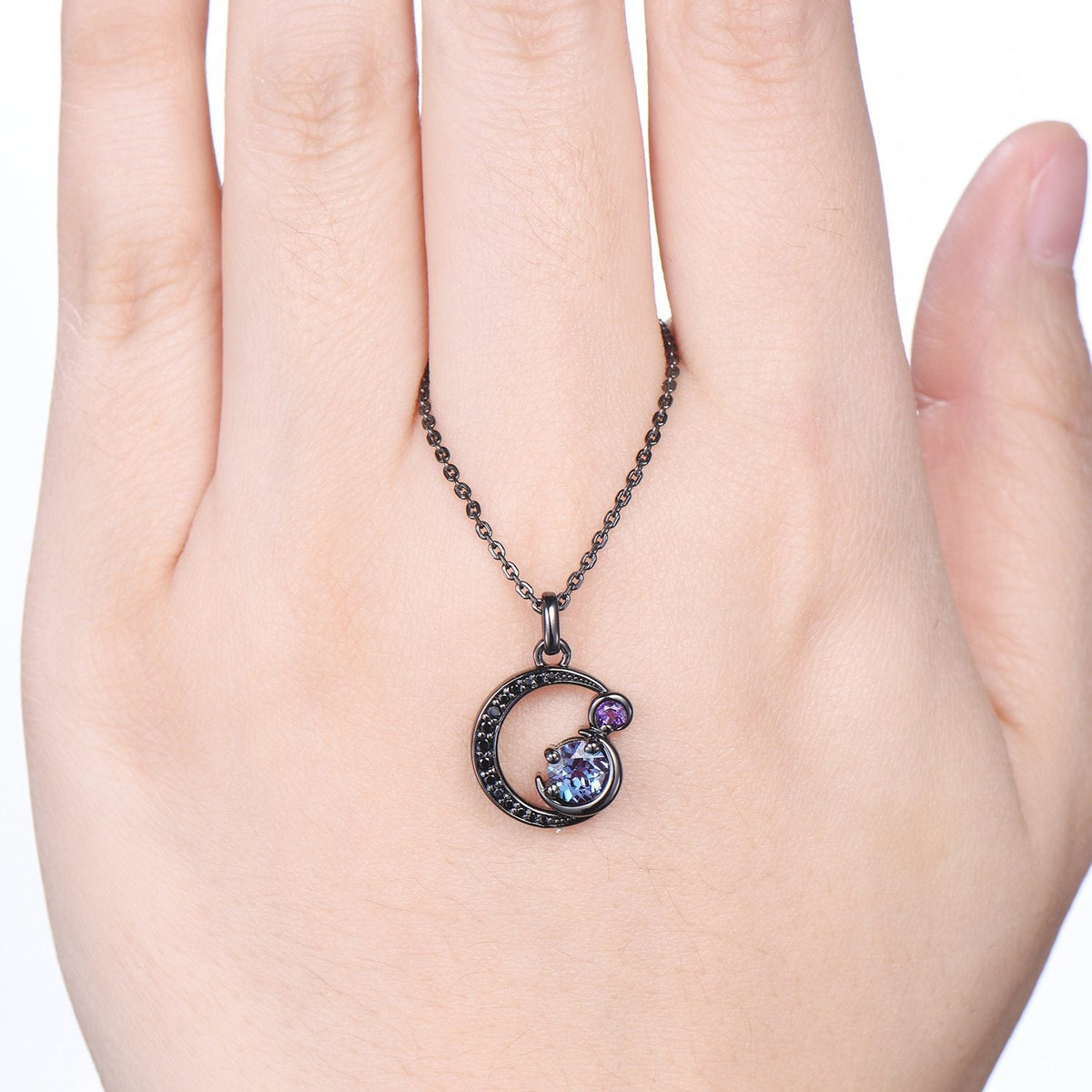 Unique Black Gold Alexandrite Necklace Magic Crescent Moon Amethyst Black Spinel Pendant Necklace Halloween Gothic Anniversary gift for girl