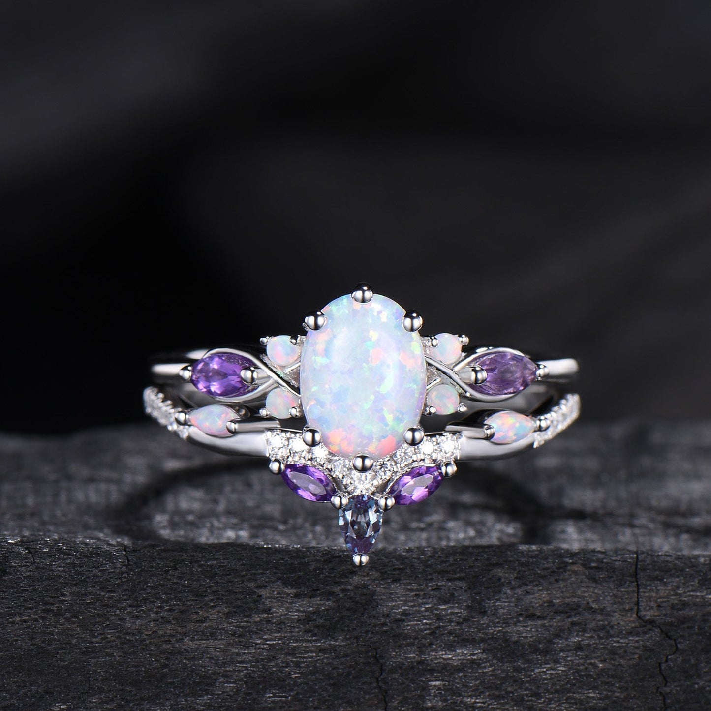 Vintage oval opal engagement ring set 14k white gold twisted unique fire opal amethyst wedding ring set art deco anniversary gift bridal set