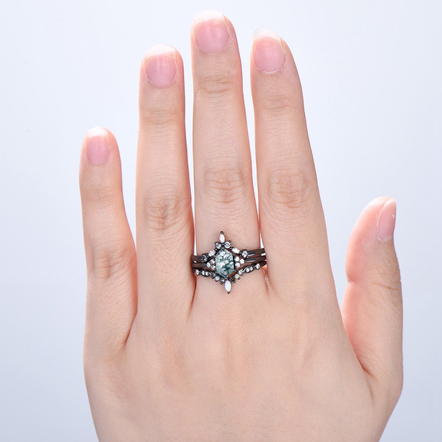 3pcs Black Gold Moss Agate Wedding Ring Set, Long Hexagon Natural Green Agate Gothic Engagement Ring, Unique Alexandrite Opal Stacking Band