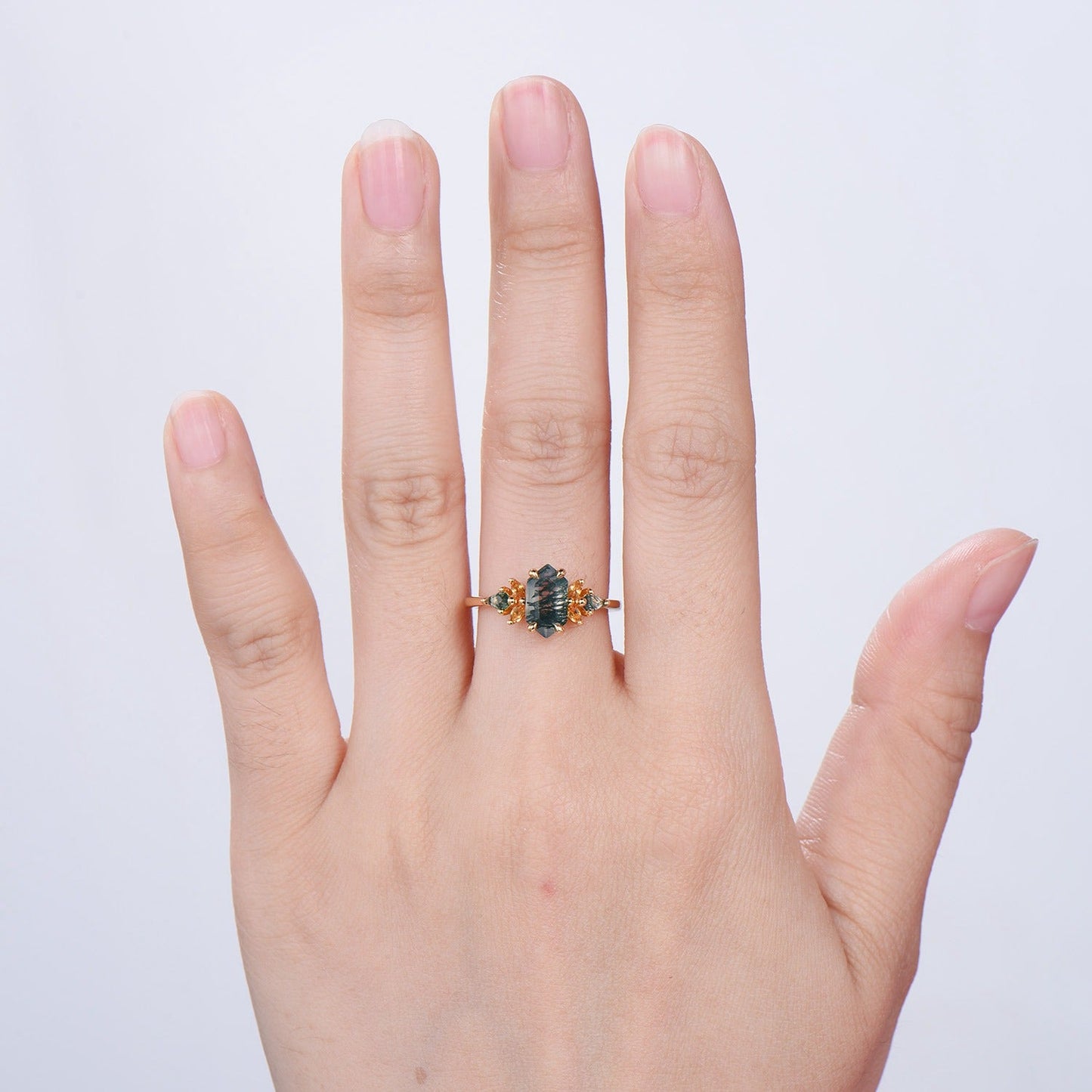 Elongated Hexagon Moss Agate Ring with Citrine Accents - Woodland Sunburst Ring
