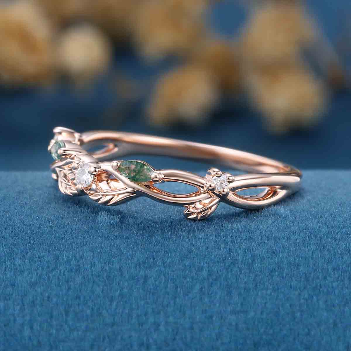 Marquise Moss Agate Matching Moissanite Wedding Band