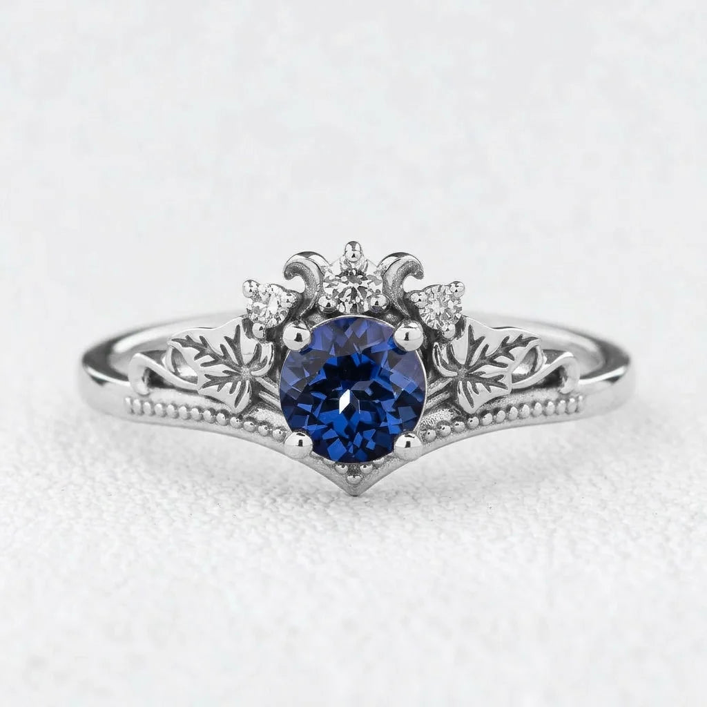 Ivy’s Wreath | Round Blue Sapphire & Diamond Vintage Bridal Set 2pcs