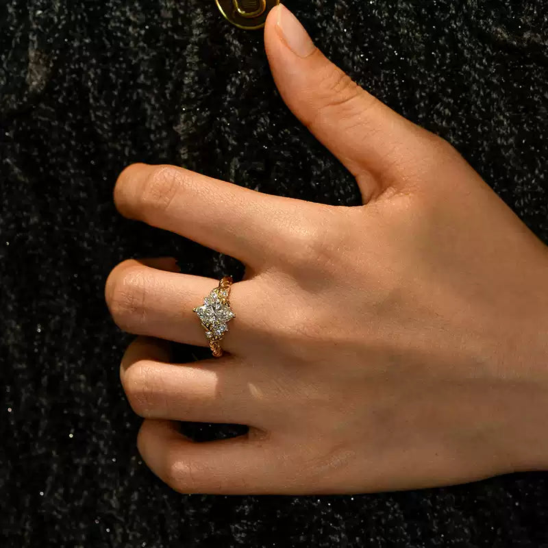 Vintage Leaf Vein Marquise Cut Engagement Ring