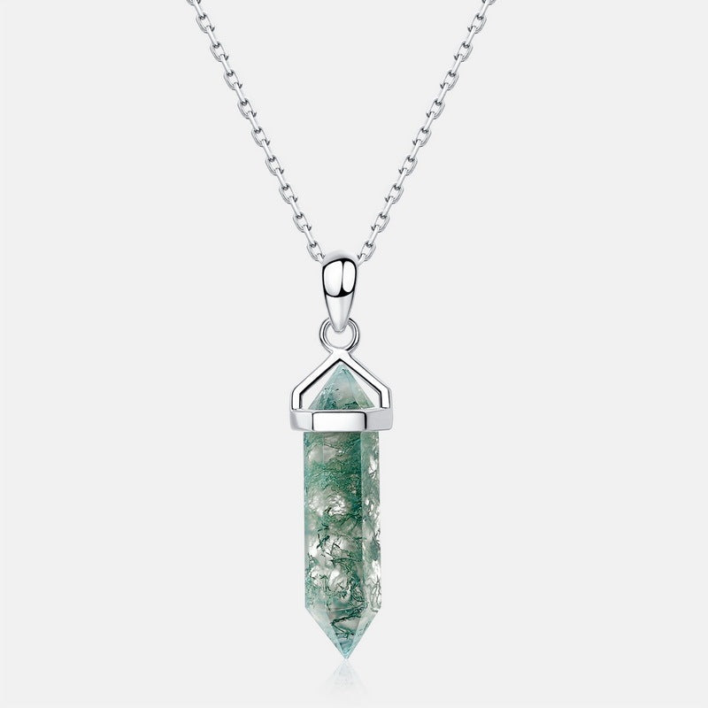 Long Hexagon Cut Guardian Tower Moss Agate Necklace Pendant