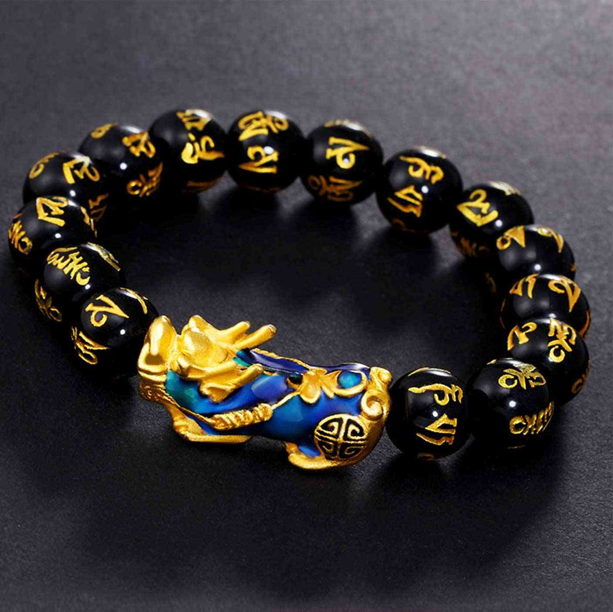 Pixiu Mani Mantra Black Obsidian Abundance Bracelet