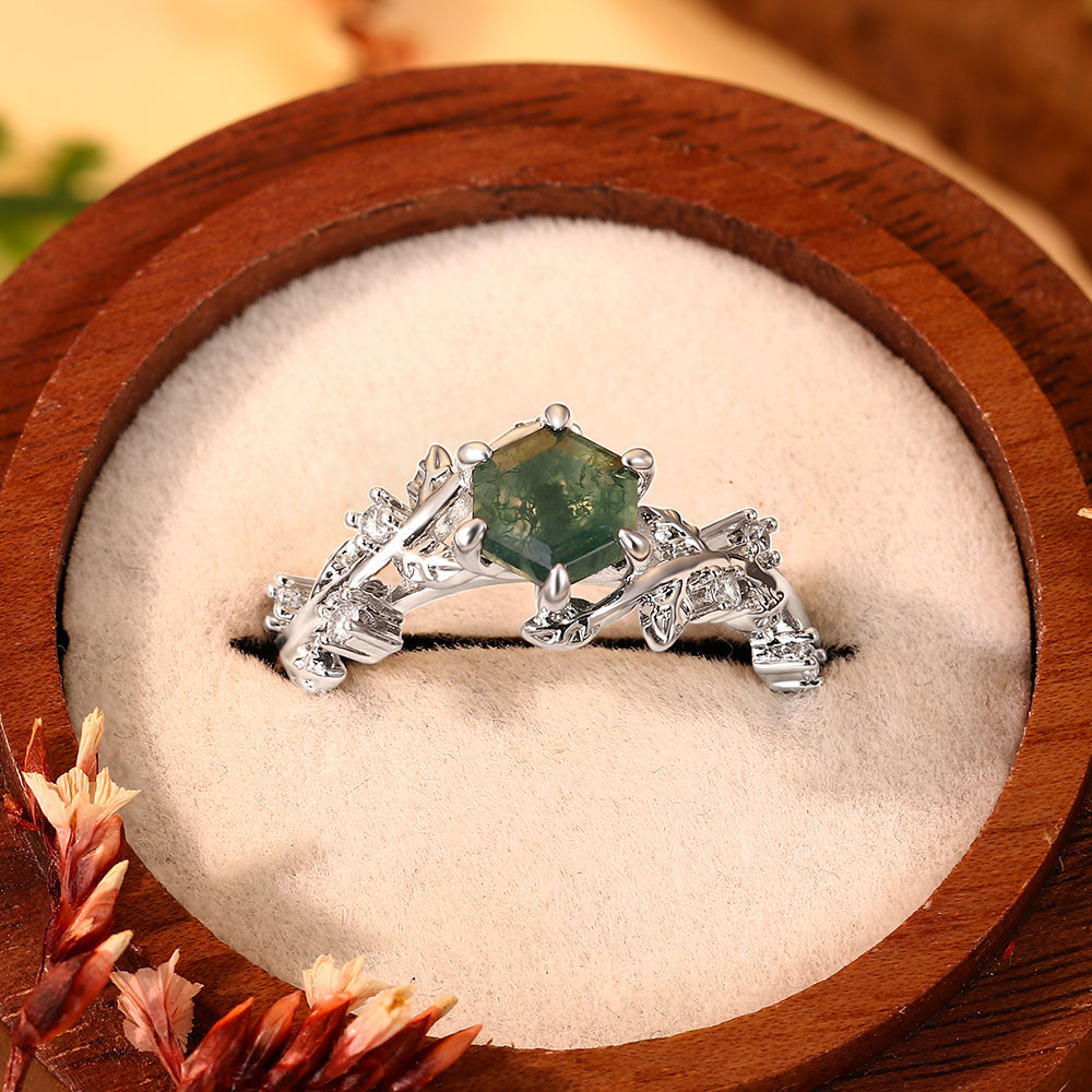 Forest Fairy Hexagon Moss Agate Ring Handcrafted Gold Vine and Leaf Nature Inspired Jewelry