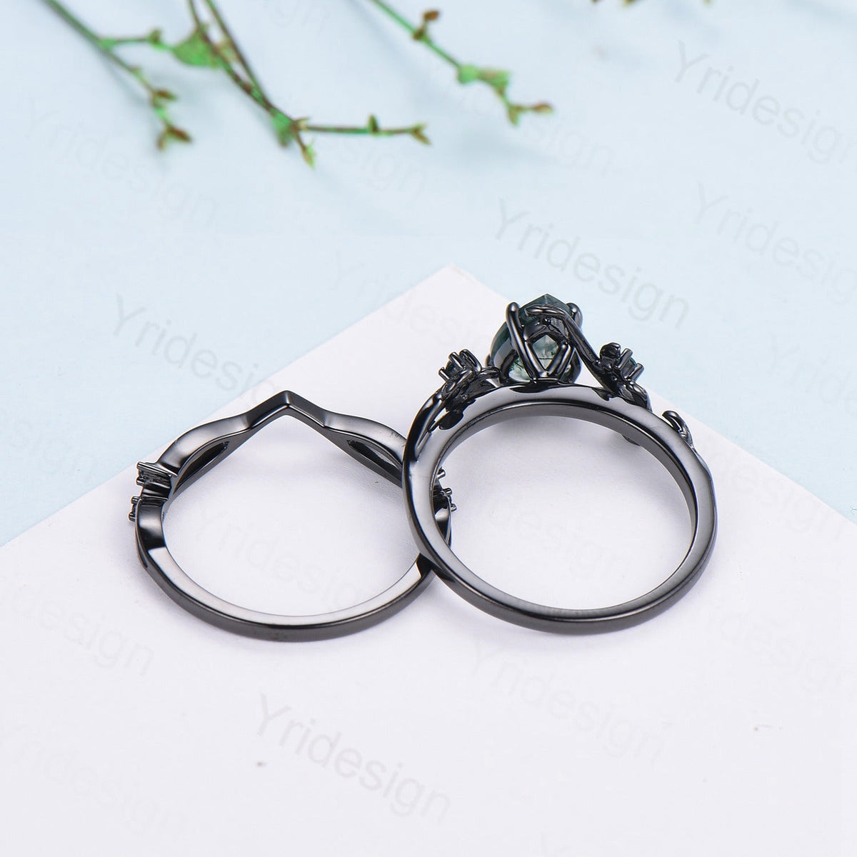 Black gold pear shaped moss agate wedding ring set, Nature inspired green agate twig vine engagement ring set, Leafy bridal ring set for her