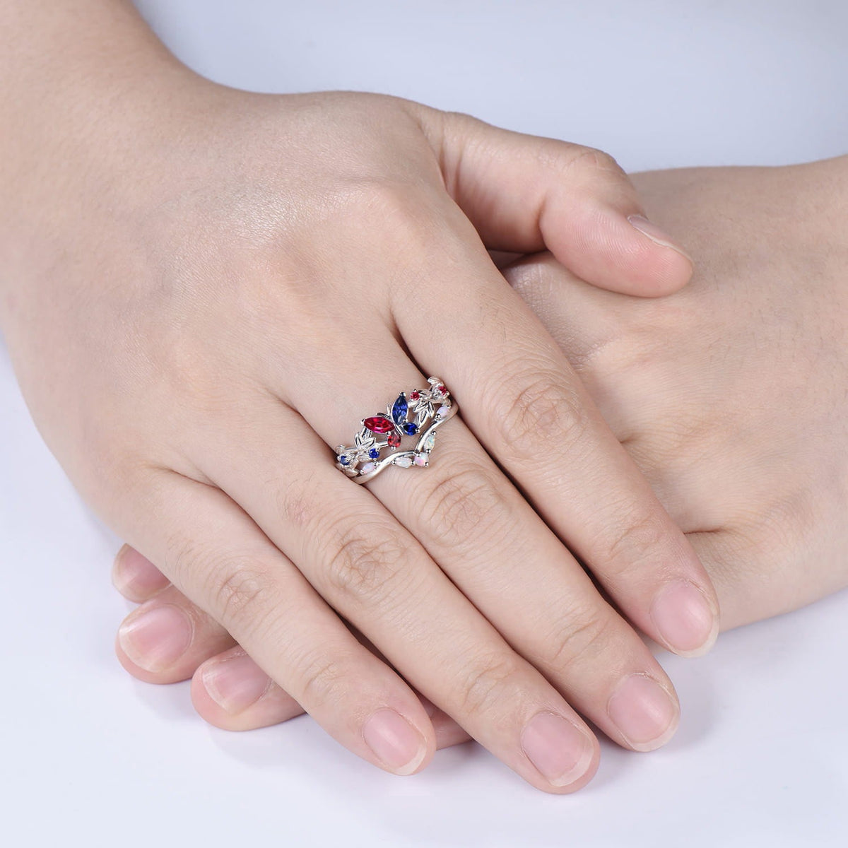 Multi-Color Leaf Twisted Bridal Set Ruby Blue Sapphire Butterfly Engagement Ring Opal Matching Band