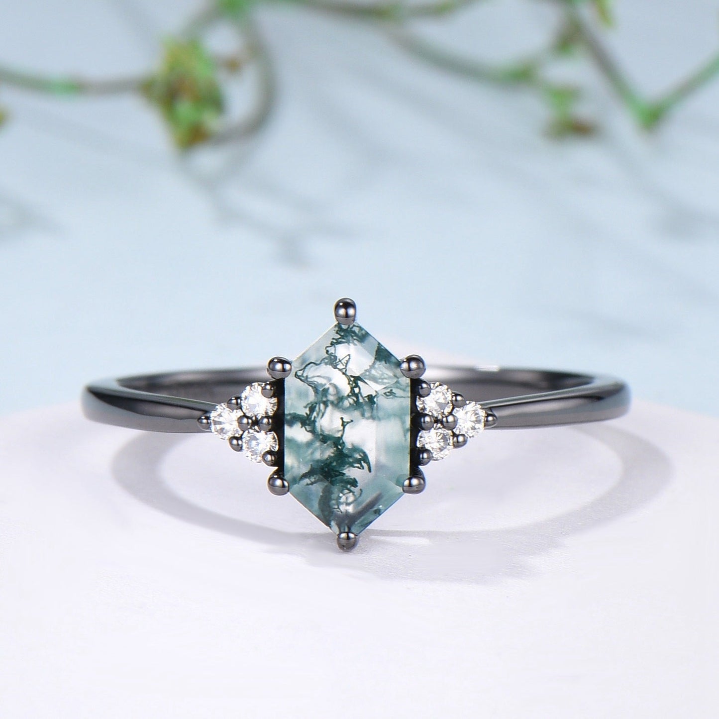 3pcs Black Gold Moss Agate Wedding Ring Set, Long Hexagon Natural Green Agate Gothic Engagement Ring, Unique Alexandrite Opal Stacking Band
